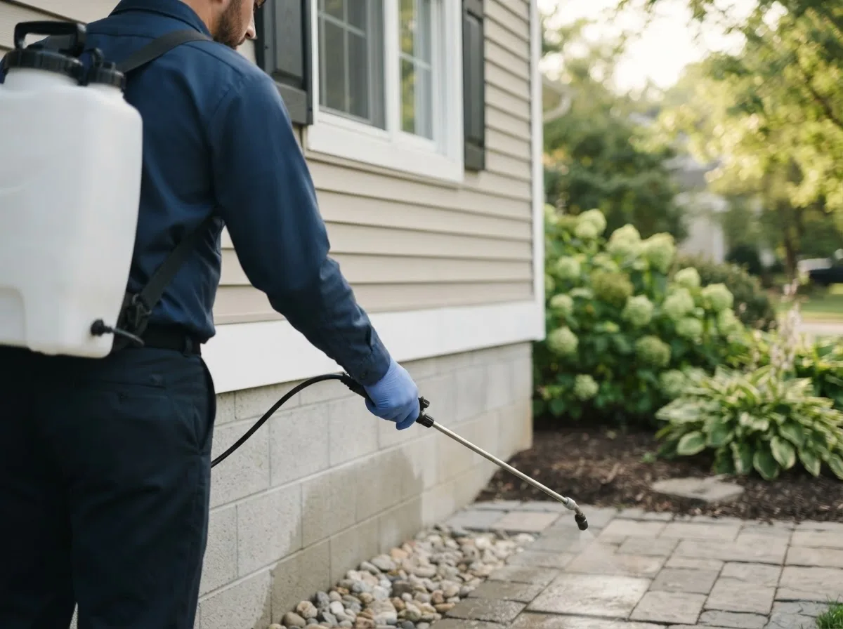 Pest control technician inspecting a home in Mechanicsburg, IL